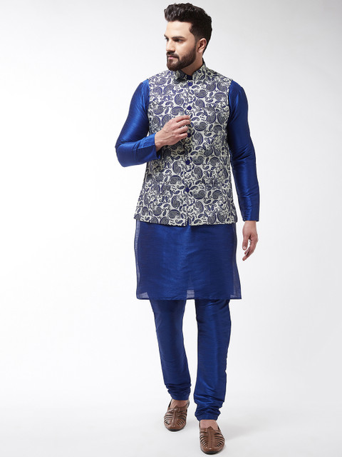 

SOJANYA Men Blue & Cream-Coloured Printed Kurta with Churidar With Nehru Jacket