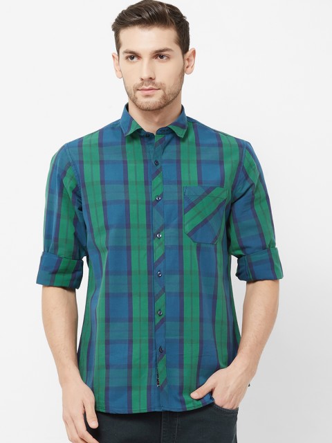 

Solemio Men Blue & Green Regular Fit Checked Casual Shirt