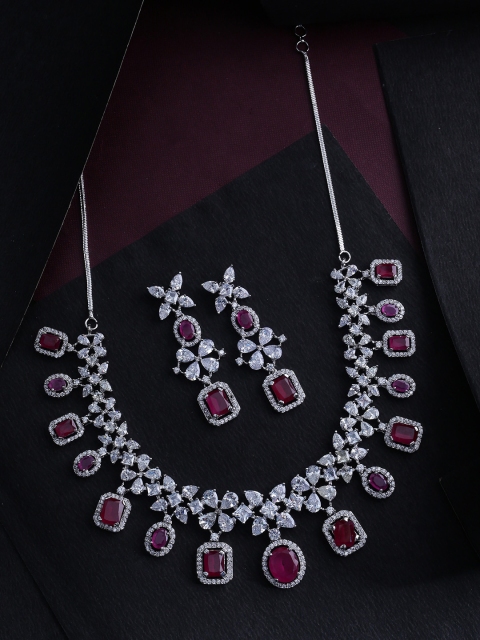 

Studio Voylla Silver-Plated Maroon & White CZ Studded Handcrafted Jewellery Set