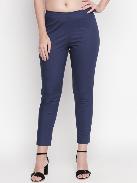 

RANGMANCH BY PANTALOONS Women Blue Regular Fit Solid Cigarette Trousers