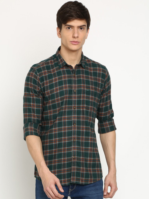 

Crocodile Men Green & Orange Slim Fit Checked Casual Shirt
