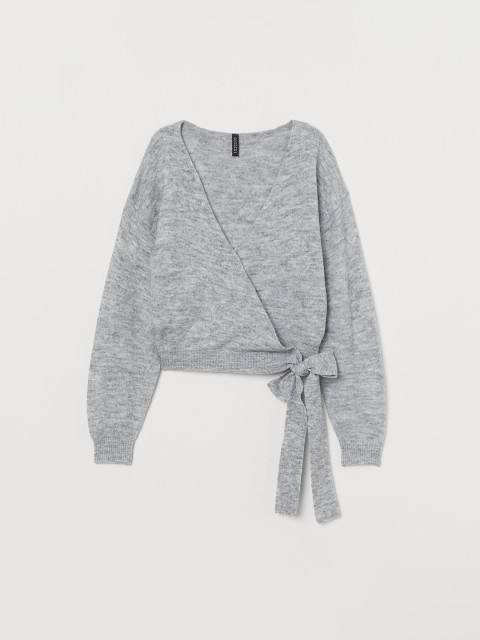 

H&M Women Grey Melange Knitted Wrapover Cardigan