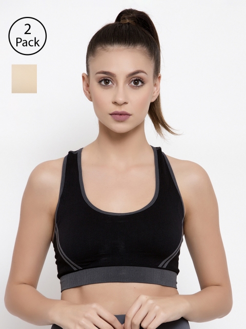 

Friskers Pack of 2 Solid Non-Wired Lightly Padded Sports Bras O-3606-01-09-30B, Beige