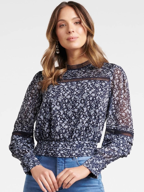 

Forever New Women Navy Blue Printed Cinched Waist Top