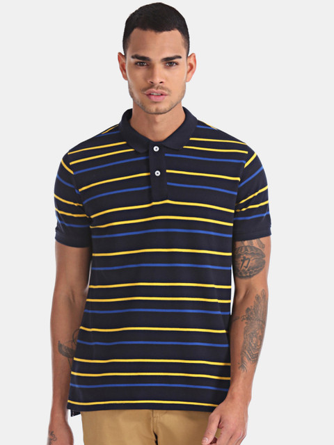

RUF & TUF Men Black Striped Polo Collar T-shirt