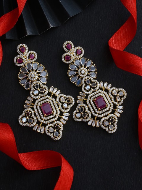 

Studio Voylla Gold-Plated & White Diamond Shaped CZ Studded Drop Earrings