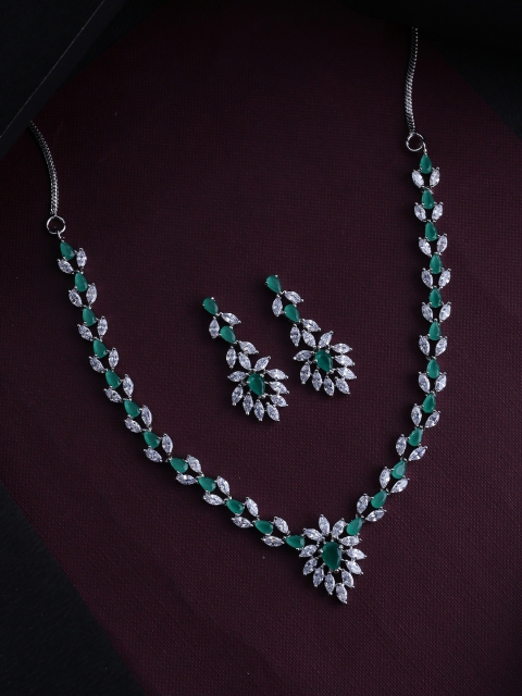

Studio Voylla Silver-Plated Green & White CZ Studded Handcrafted Jewellery Set