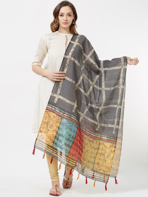 

Faserz Charcoal Grey & Beige Checked Dupatta