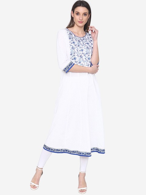 

Laabha Women White & Blue Printed A-Line Kurta