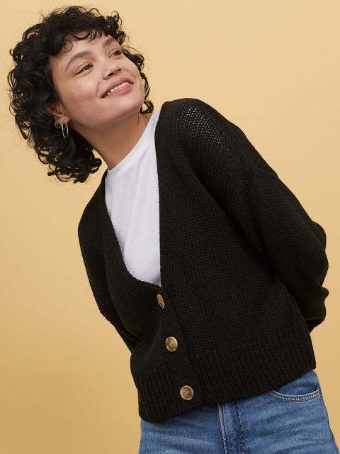 

H&M Women Black Solid Boxy-Style Cardigan