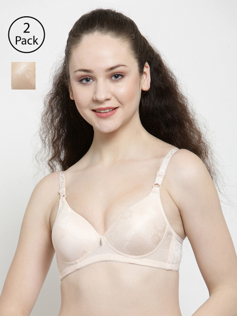 

Friskers Pack of 2 Self Design Non-Wired Lightly Padded Push-Up Bras O-3322-09-28-32B, Beige