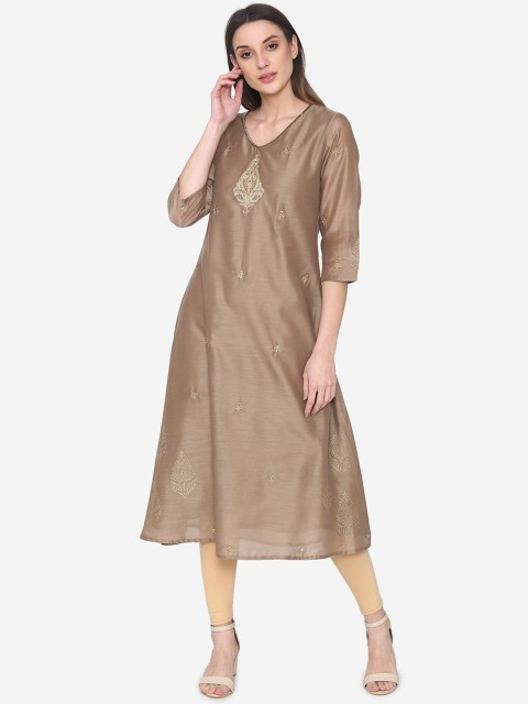 

Laabha Women Taupe & Golden Embroidered A-Line Kurta