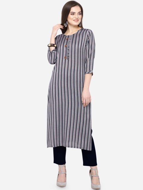 

Kvsfab Women Grey & Navy Blue Striped Straight Kurta