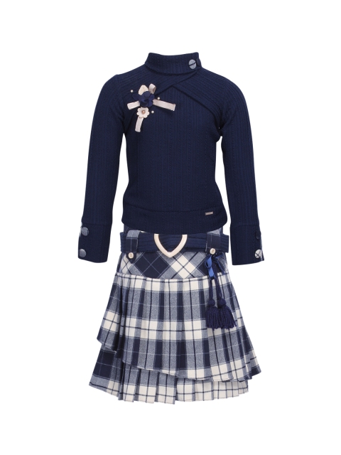 

CUTECUMBER Girls Navy Blue & Off-White Self Design Top with Checked Skirt