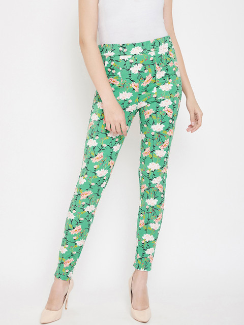 

Ruhaans Women Green & White Regular Fit Floral Print Treggings