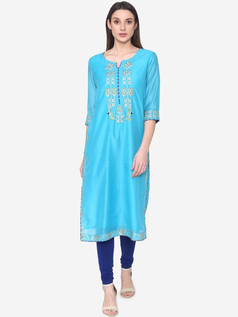 

Laabha Women Turquoise Blue Embroidered Straight Kurta