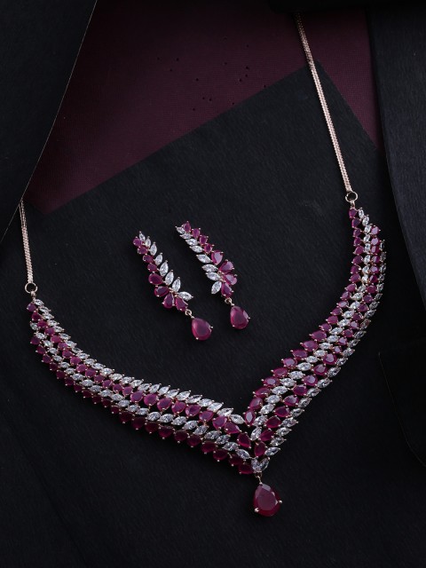

Studio Voylla Gold-Plated Maroon & White CZ Stone Studded Handcrafted Jewellery Set, Rose gold