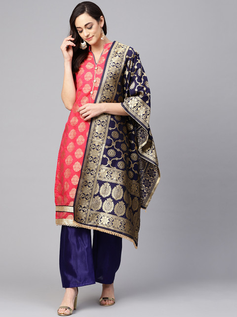 

Ishin Women Pink & Navy Blue Self Design Kurta with Palazzos & Dupatta