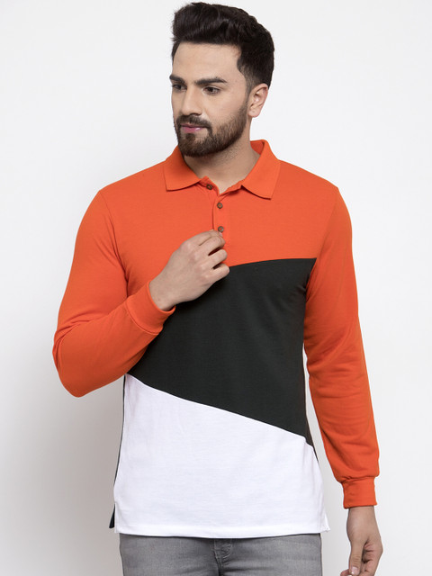 

Kalt Men Orange & Black Colourblocked Polo Collar T-shirt