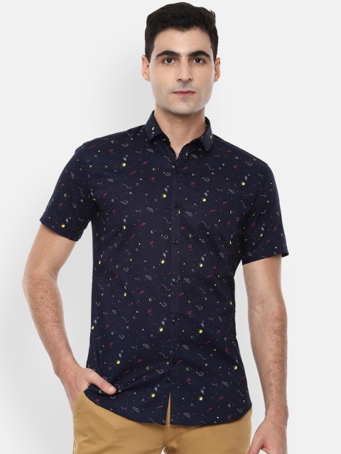 

V Dot Men Navy Blue Slim Fit Printed Casual Shirt