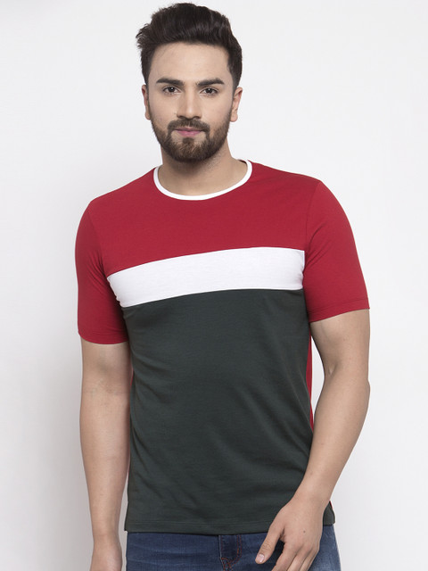 

Kalt Men Red & Olive Green Colourblocked Round Neck T-shirt