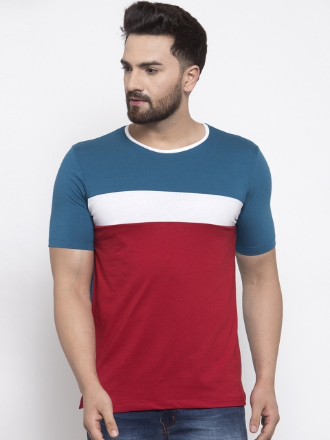 

Kalt Men Teal Blue & Maroon Colourblocked Round Neck T-shirt