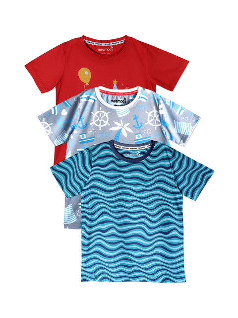 

mezmoda Boys Pack of 3 Printed Round Neck T-shirts, Blue