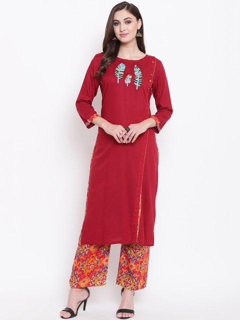 

FABNEST Women Red Embroidered Kurti with Palazzos