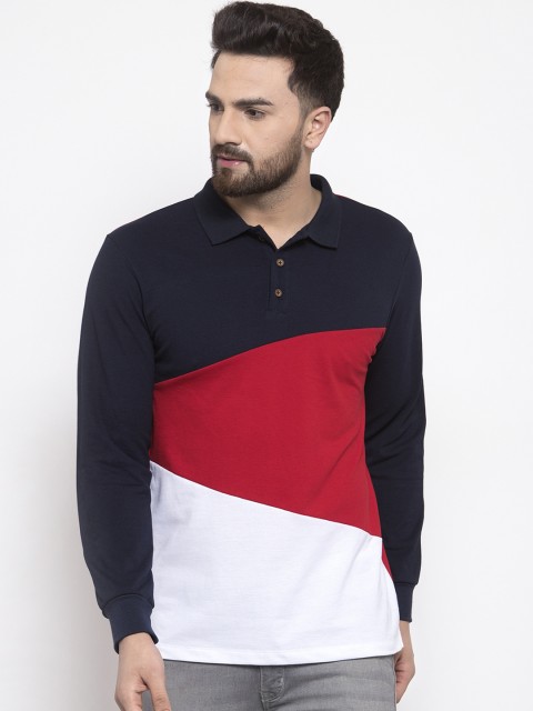 

Kalt Men Red & Navy Blue Colourblocked Polo Collar T-shirt