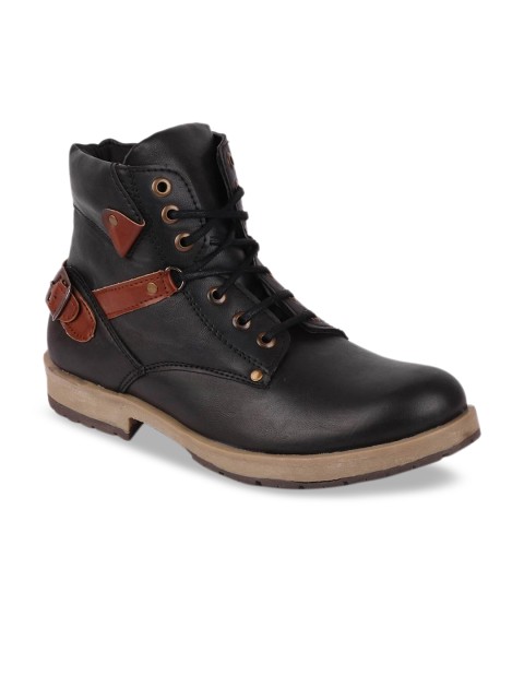 FAUSTO Men Black Colourblocked Leather High-Top Leather Lightweight Flat Boots