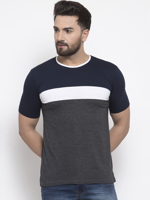 

Kalt Men Navy Blue Colourblocked Round Neck T-shirt