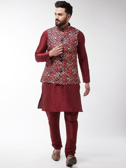SOJANYA Men Maroon & Navy Blue Printed Kurta with Churidar & Nehru Jacket