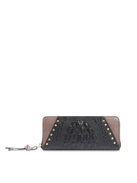 

Hidesign Women Black & Taupe Crocodile Skin Textured Leather Zip Around Wallet