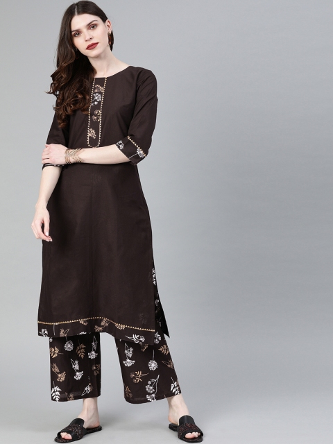 

ZIYAA Women Brown & White Solid Kurta with Palazzos