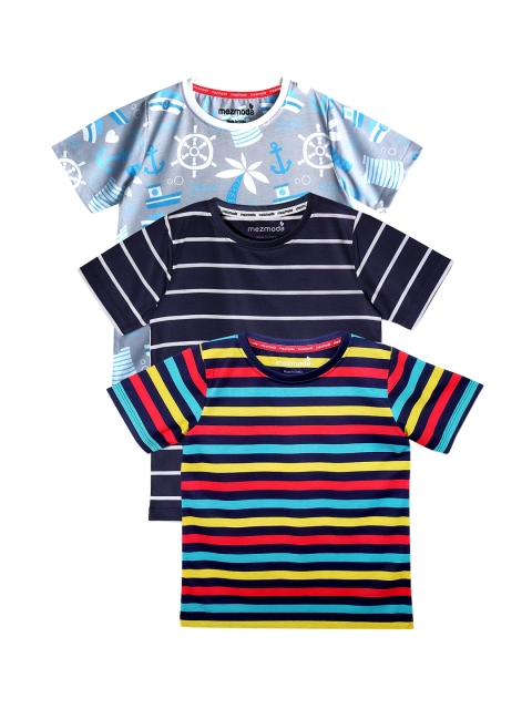 

mezmoda Boys Pack of 3 Printed Round Neck T-shirts, Navy blue