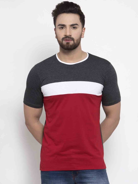 

Kalt Men Charcoal Grey & Maroon Colourblocked Round Neck T-shirt