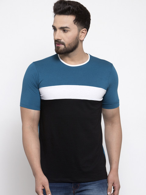 

Kalt Men Teal Blue & Black Colourblocked Round Neck T-shirt