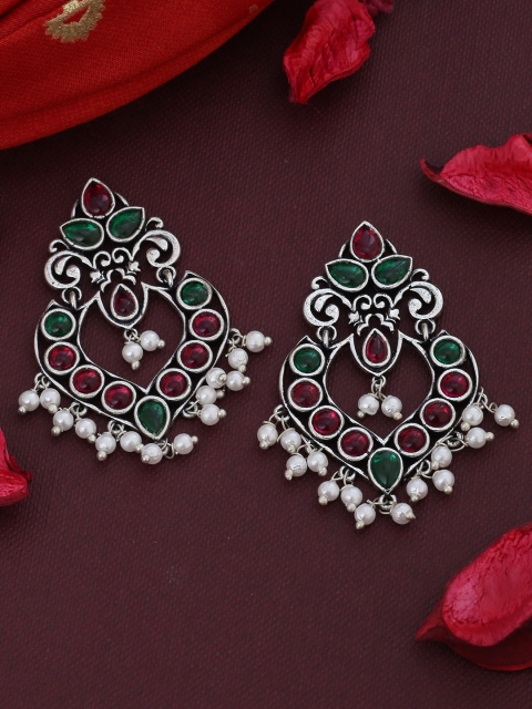 

Voylla Silver-Plated & Green Oxidised Classic Drop Earrings