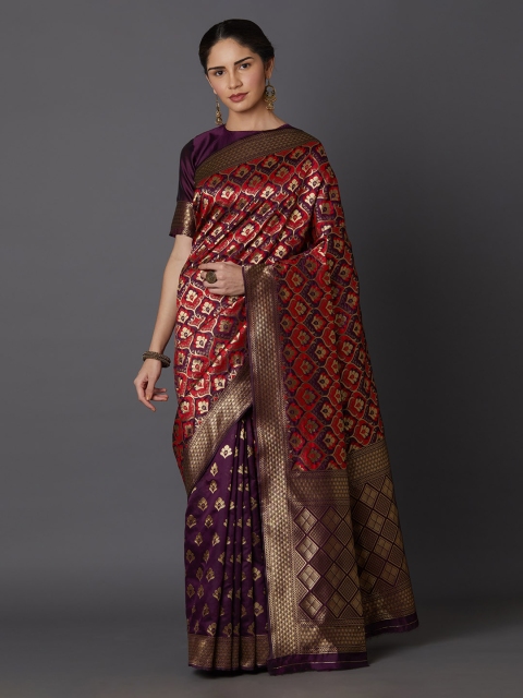 

Mitera Rust Red & Aubergine Woven Design Half & Half Kanjeevaram Saree