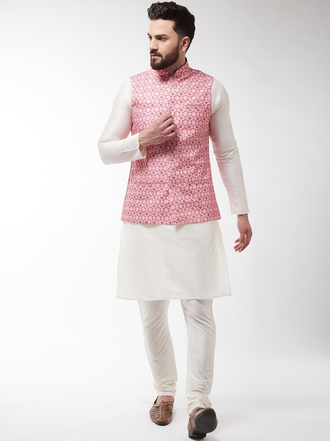 

SOJANYA Men Off-White & Peach-Coloured Printed Kurta with Churidar & Nehru Jacket