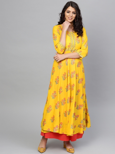 

Yuris Women Yellow & Orange Printed A-Line Kurta
