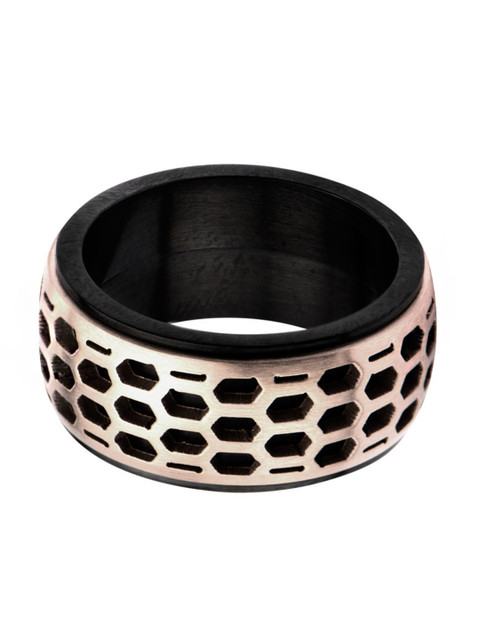 

Inox Jewelry Men Rose Gold-Toned & Black Car Grille Polished Band Finger Ring