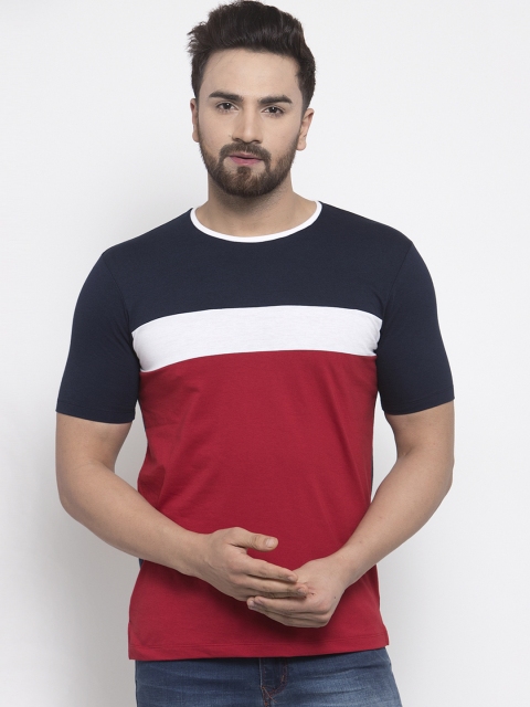 

Kalt Men Navy Blue & Maroon Colourblocked Round Neck T-shirt