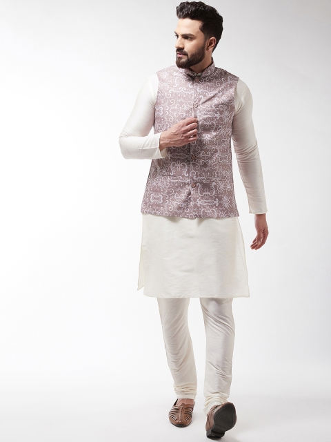 

SOJANYA Men Off-White & Beige Printed Kurta with Churidar & Nehru Jacket