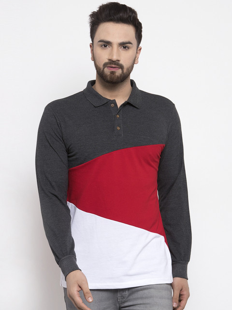 

Kalt Men Charcoal Grey & Red Colourblocked Polo Collar T-shirt