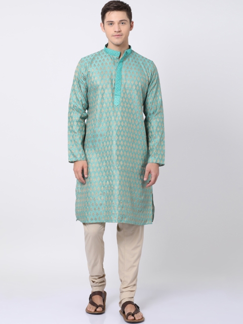 

TABARD Men Sea Green & Gold-Coloured Woven Design Straight Kurta
