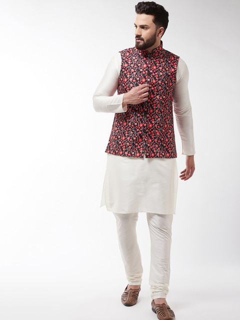 

SOJANYA Men Off-White & Black Printed Kurta with Churidar & Nehru Jacket