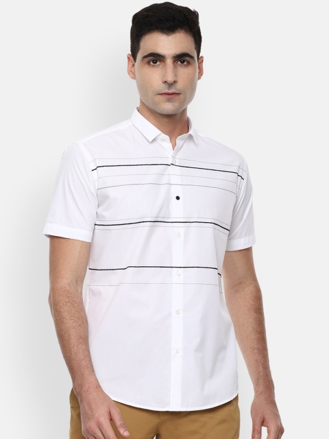 

V Dot Men White Slim Fit Striped Casual Shirt