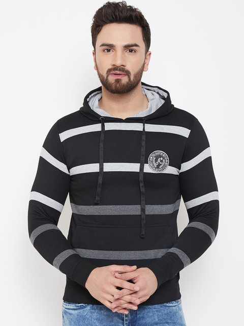 

Austin wood Men Black & Grey Striped Hooded Sweatshirt