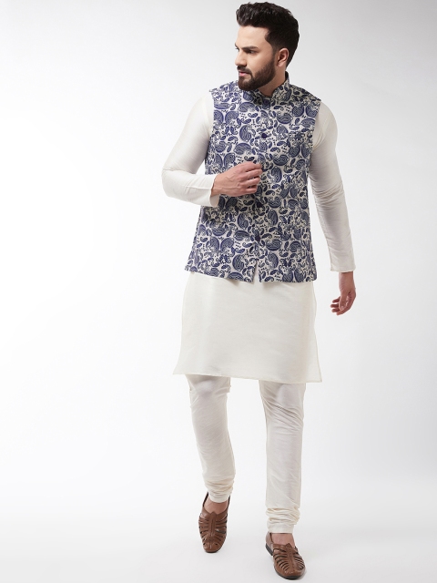 

SOJANYA Men Off-White & Blue Printed Kurta with Churidar & Nehru Jacket